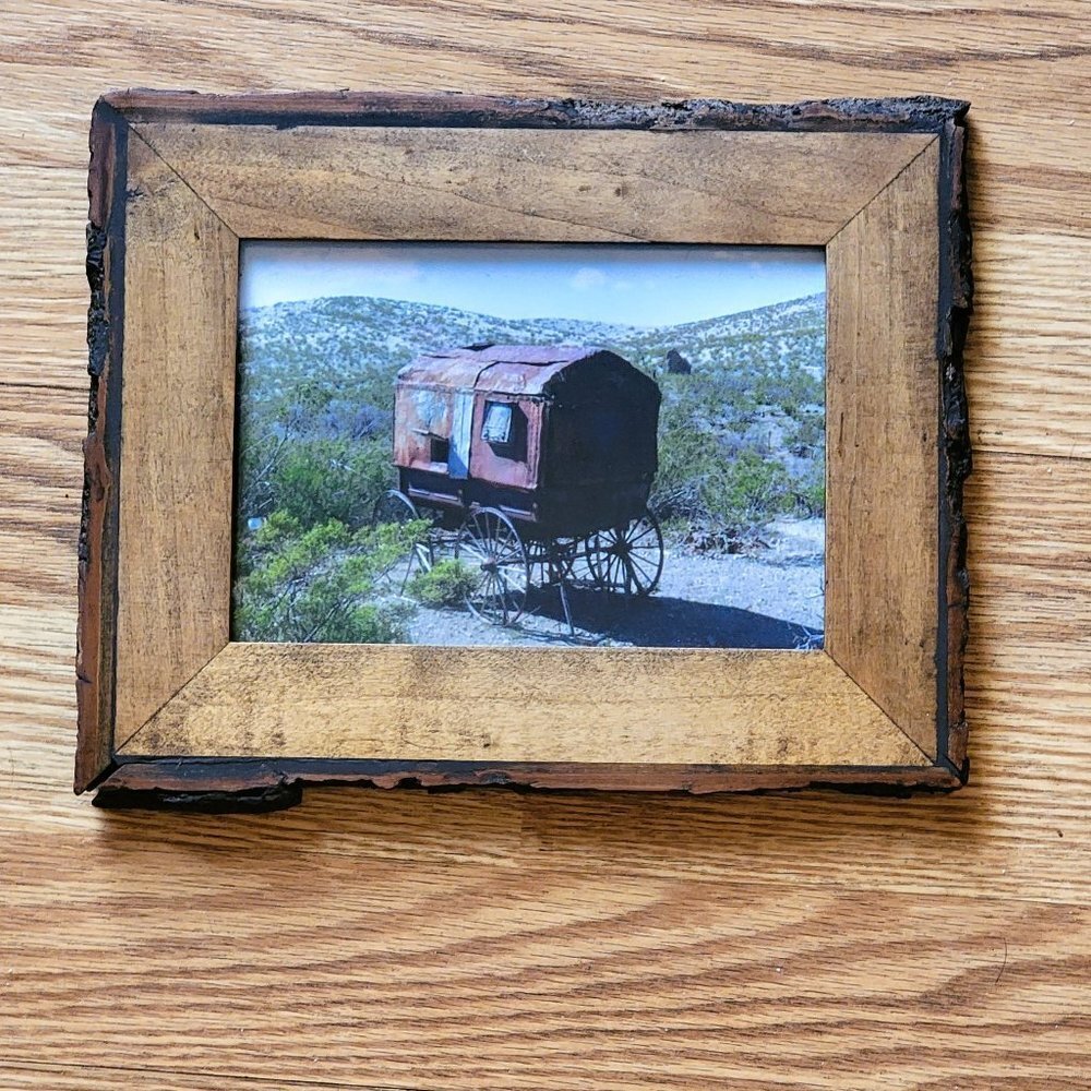 Rustic Brown Wooden Frame with Vintage Wagon Art